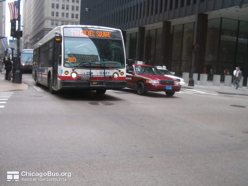 Bus #6441 at Jackson and Dearborn, working route #1 Indiana/Hyde Park, on August  4, 2005. This bus uses a high-resolution Aesys destination sign.