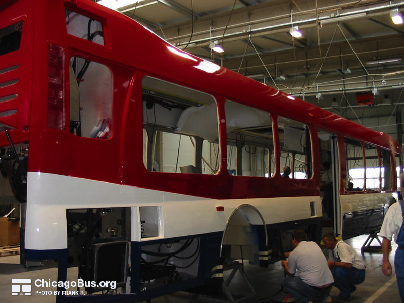 NABI employees work on the assembly of CTA's NABI 45C-LFW CompoBus prototype in 2004 at the NABI plant in Anniston, AL. Special thanks to "Family Guy" for providing these rare assembly photos.