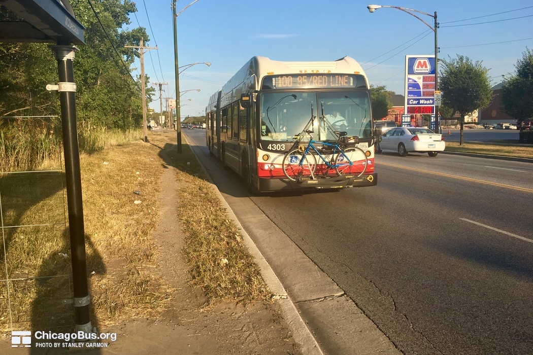 Bus #4303 at 95th and Constance, working route #100 Jeffery Manor Express, on September 25, 2017.