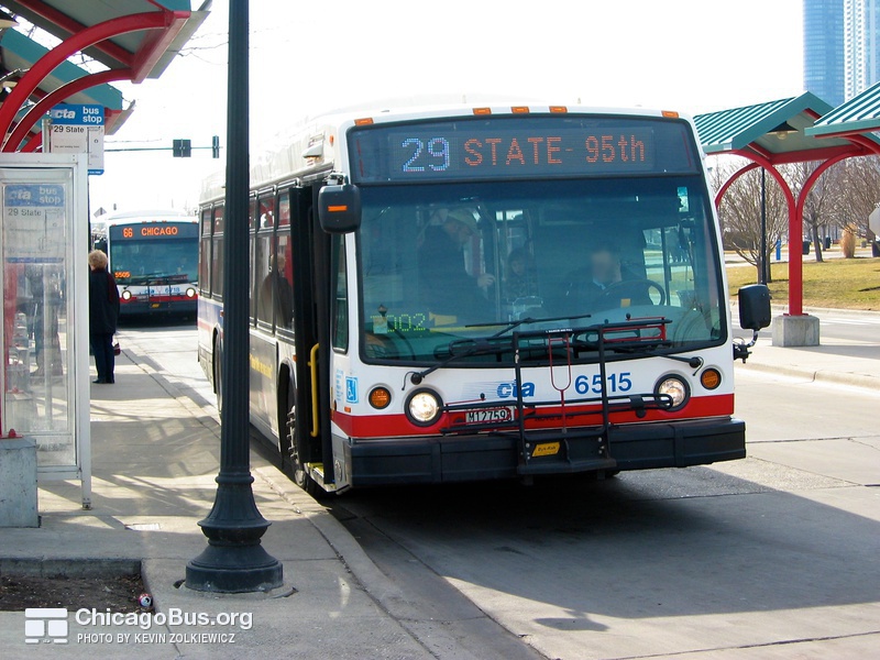 Bus #6515 at Navy Pier, working route #29 State, on February 28, 2004. This bus is equipped with a TwinVision Chroma destination sign.