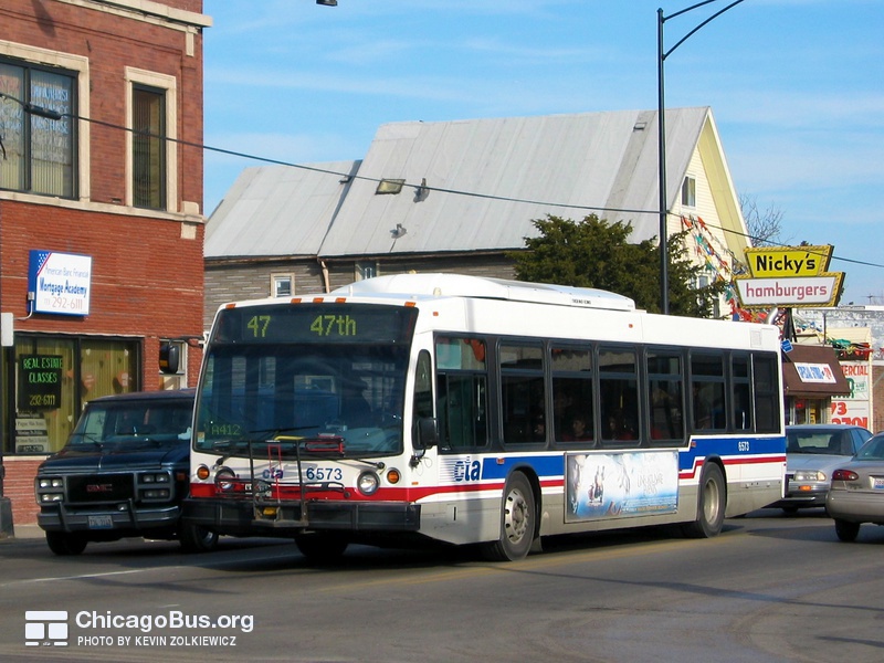 Bus #6573 at 47th and Kedzie, working route #47 47th, on February  5, 2005.