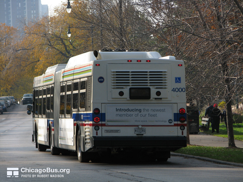Bus #4000 at Stockon and Fullerton, working route #156 LaSalle, on November  4, 2008. Unlike subsequent deliveries of the 4000-series, #4000 features unnecessary rear vents.