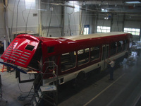 NABI employees work on the assembly of CTA's NABI 45C-LFW CompoBus prototype in 2004 at the NABI plant in Anniston, AL. Special thanks to "Family Guy" for providing these rare assembly photos.