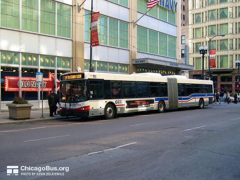 Bus #7535 at Washington and State, working route #14 Jeffery Express, on February 26, 2004.