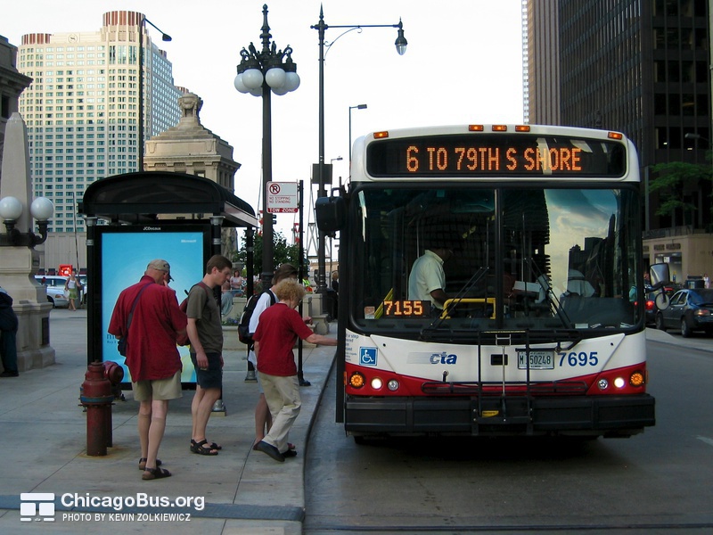 Bus #7695 at Wacker and Michigan, working route #6 Jackson Park Express, on June 10, 2005.