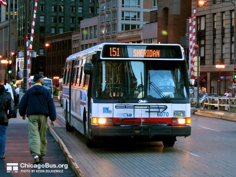 Bus #6070 at Michigan Ave Bridge, working route #151 Sheridan, on June 12, 2006.