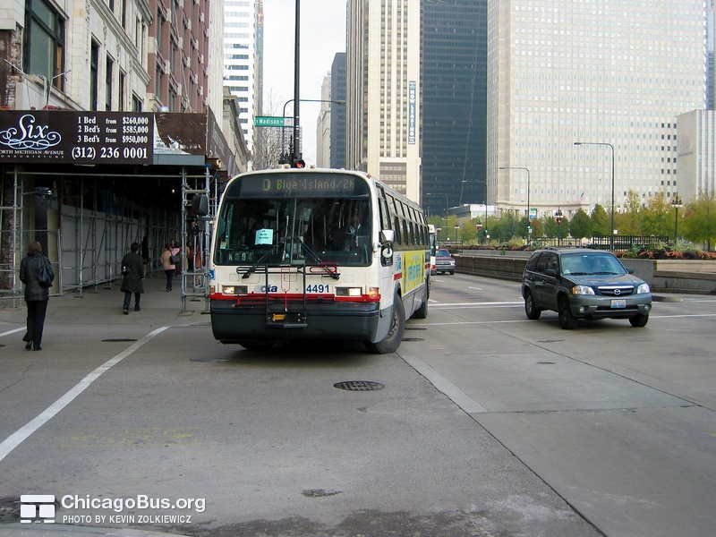 Bus #4491 at Michigan and Madison, working route #60 Blue Island/26th, on November 17, 2003.