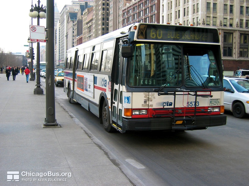 Bus #5573 at Michigan and Washington, working route #60 Blue Island/26th, on February 28, 2004.