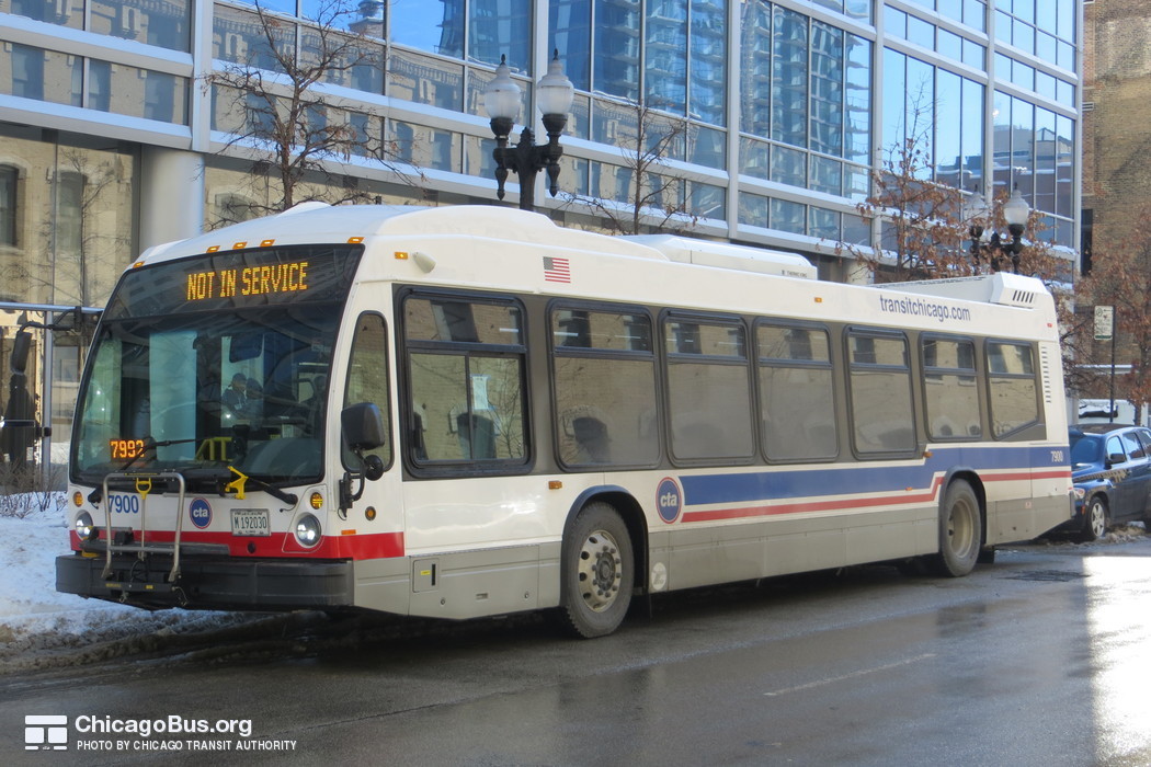 Bus #7900 at CTA Headquarters on February 18, 2014. With the exception of the streamlined roof detail, the front of the buses are largely similar in appearance to CTA's older 6400-series Nova LFS fleet.