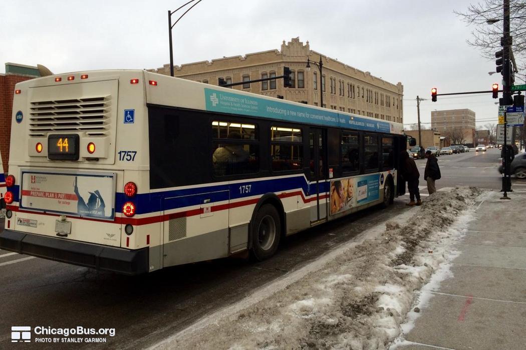 Bus #1757 at Racine and 79th, working route #44 Wallace/Racine, on February  9, 2015.