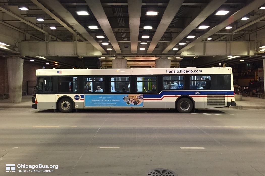 Bus #2019 at Fullerton and Sheffield (Red/Purple/Brown Line Station), working route #74 Fullerton, on March 30, 2015.