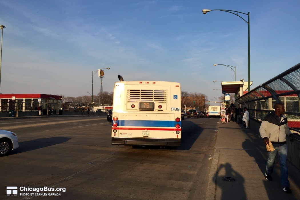 Bus #1789 at 79th Red Line Station, working route #75 74th/75th, on April  5, 2015.