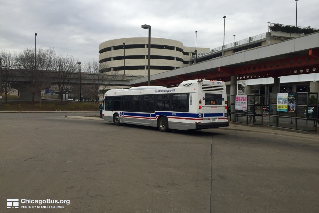 Bus #8075 at Midway Orange Line Station, working route #55N 55th/Narragansett, on April  6, 2015.