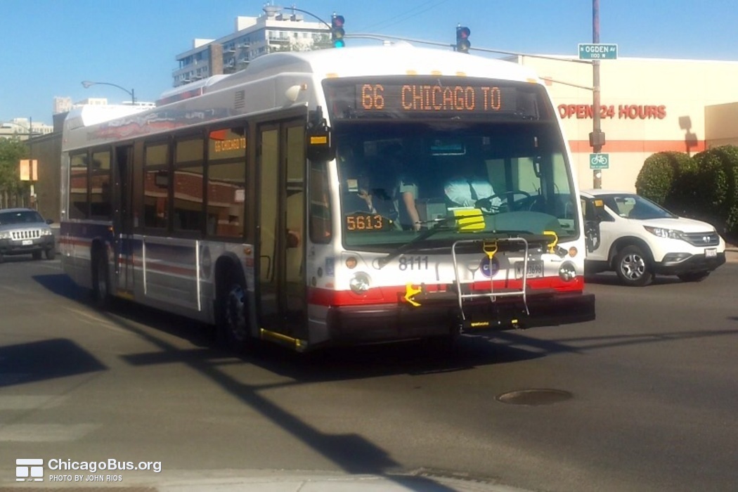 Bus #8111 at Chicago and Ogden, working route #66 Chicago, on July 30, 2015.