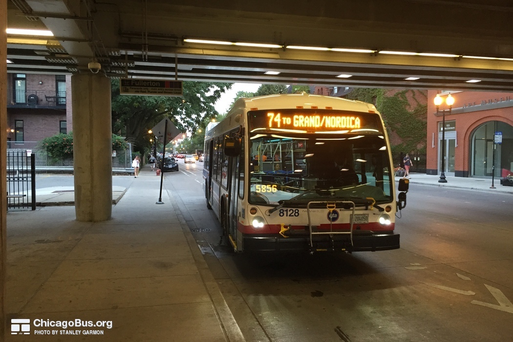 Bus #8128 at Fullerton and Sheffield (Red/Purple/Brown Line Station), working route #74 Fullerton, on August 17, 2015.