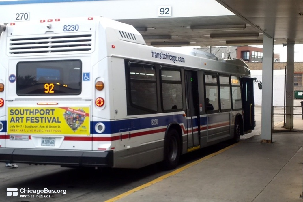 Bus #8230 at Jefferson Park Blue Line Station, working route #92 Foster, on June 29, 2016.