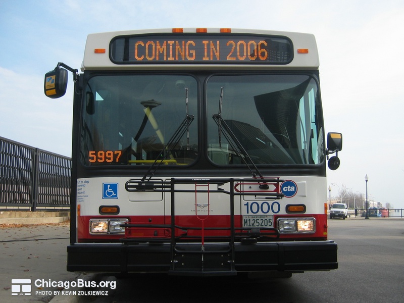 Prototype bus #1000 at Navy Pier during a CTA press conference on November 2, 2005.