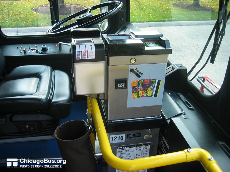 Fareboxes on the 1000-series have been reconfigured, placing the Cubic transit card reader to the left of the farebox.