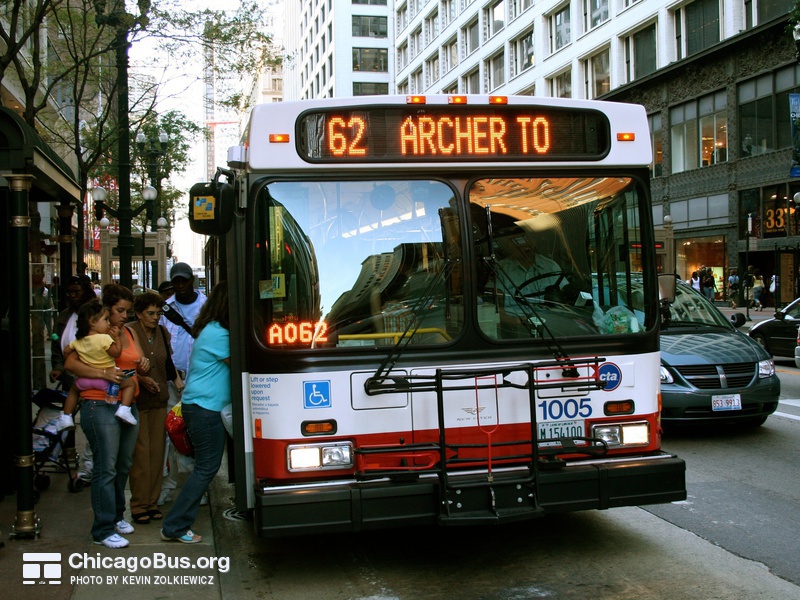 Bus #1005 at State and Monroe, working route #62 Archer, on August 11, 2006.