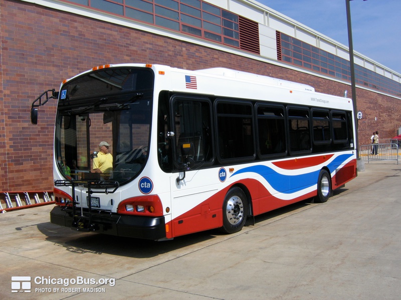 Prototype bus #500 at Skokie Shops on June 17, 2006. The 500-series buses features a modified paint scheme to help differentiate them from standard CTA buses.