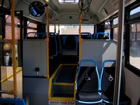 The interior of prototype bus #500 while at Skokie Shops on June 17, 2006. Like the 1000-series New Flyers, the Optima Opus buses feature "Insight" seats from American Seating, wider and thiner than the previous generation of CTA seats.